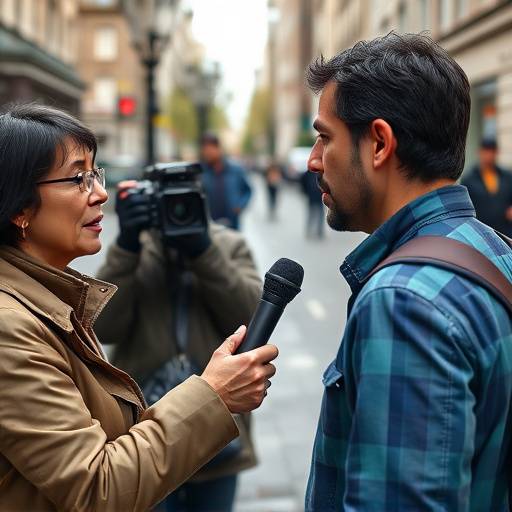 En journalist som intervjuer en person på gaten med en mikrofon.