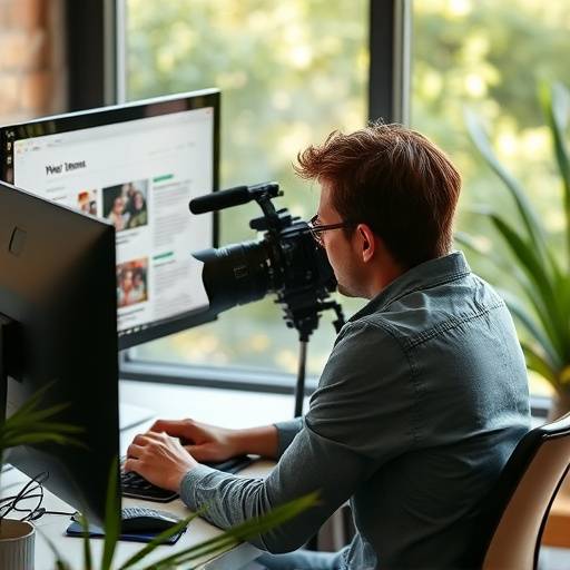 En journalist som jobber med en datamaskin med en nyhetsartikkel på skjermen.
