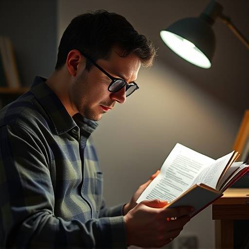 En journalist som studerer dokumenter under en lampe.